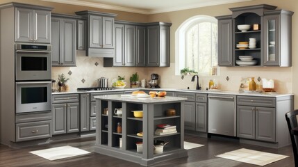 Gray kitchen cabinets with island and appliances.