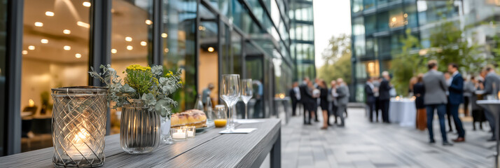Outdoor gathering with refreshments and elegant d&eacute;cor, creating a sophisticated atmosphere for mingling and connection during an event.