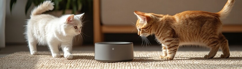 Two playful kittens interacting near their food bowl, bathed in warm sunlight