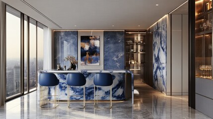 Fototapeta premium Luxurious penthouse bar area with stunning blue marble accents.