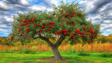 Fototapeta premium Abundant apple tree laden with ripe fruit