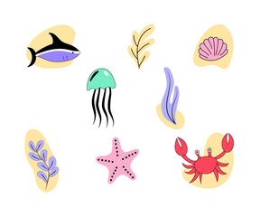 Colorful underwater scene with tuna, jellyfish, crab, and various marine plants