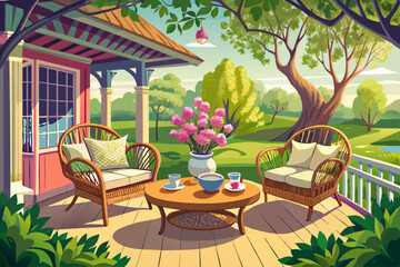 Fototapeta premium vector of Wicker furniture and tea set enjoying spring on the porch
