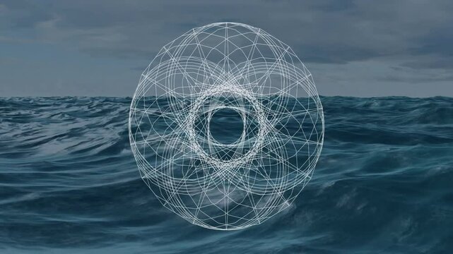 White geometric wireframe torus floating above dark blue ocean waves, showing 3D render style