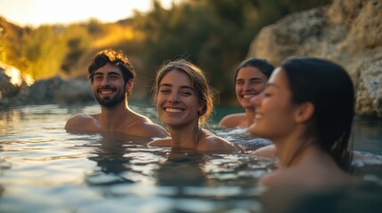 Obraz premium group of travel friends relaxing in a hot spring