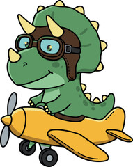 Obraz premium Cute green dinosaur pilot flying yellow airplane cartoon vector illustration 