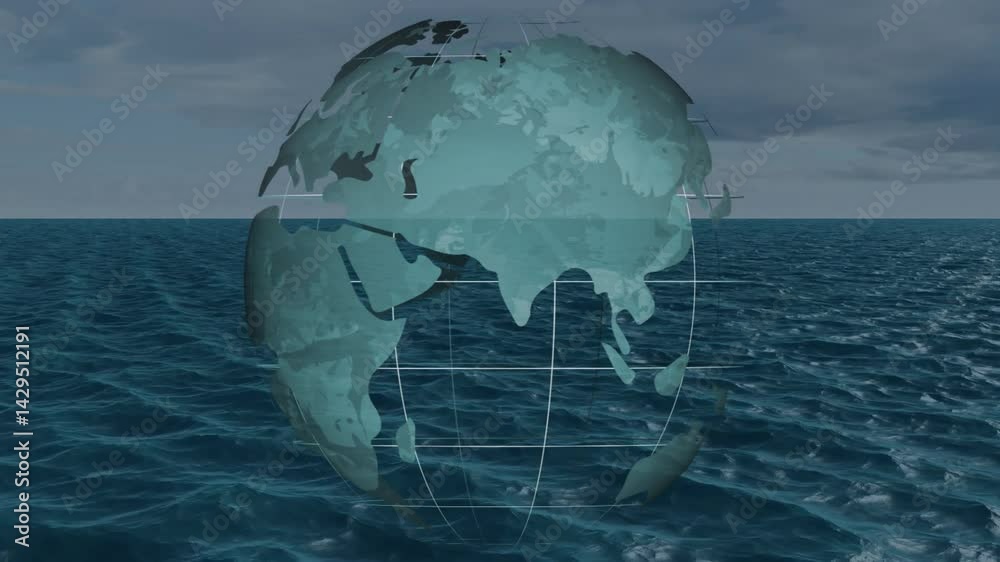 Poster 3d render digital globe displaying green continents floating above dark ocean waves with grid