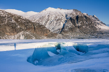 Beautiful view of an ice cave and surrounding area in Vatnajokull National Park (South Iceland)