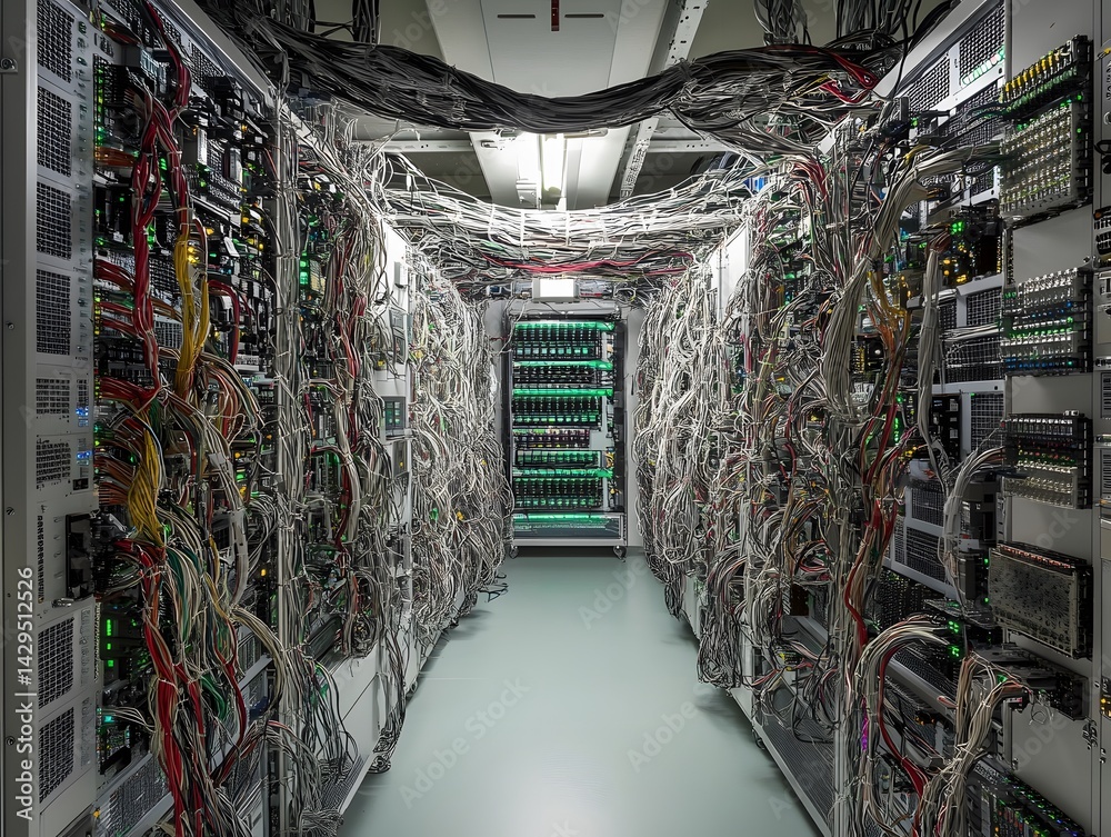 Poster a complex data center filled with server racks and tangled cables. the environment showcases modern 