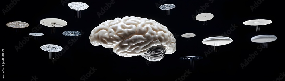 Poster a conceptual image of a human brain surrounded by abstract circles representing thoughts and ideas. 