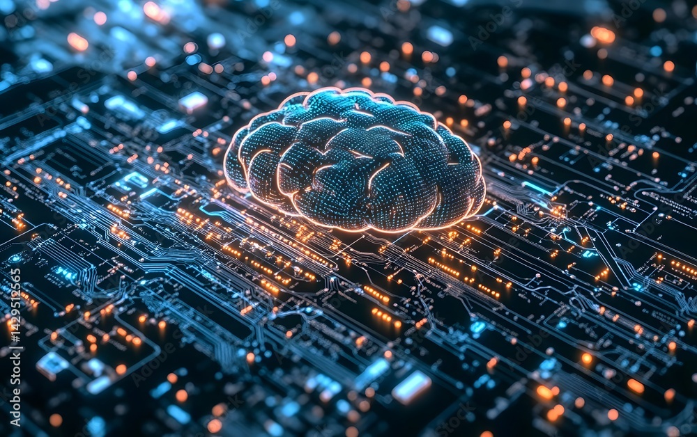 Poster a conceptual image depicting a brain intertwined with a digital circuit, representing the fusion of 