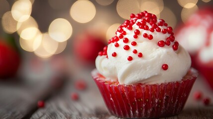 Delicious Red Velvet Cupcake Festive Sweet Treat Whipped Cream Red Sprinkles Romantic Dessert Bakery Confectionery Holiday Baking Sweetness Indulgent 