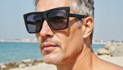 Stylish man with silver hair wearing oversized black sunglasses, gazing thoughtfully by the beach under a bright blue sky, summer holiday concept of travel or leisure