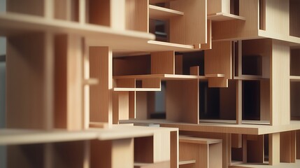Modern Architectural Model with Interlocking Wooden Cubes