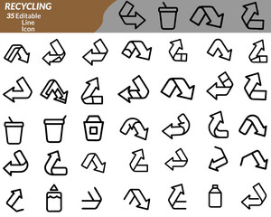 A clean recycling icon set with symbols like recycle arrows, bin, leaf, bottle, paper, compost, globe, and eco-hand—perfect for sustainability apps, environmental campaigns, and green branding.