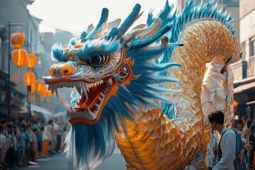 Fototapeta premium Vibrant Dragon Dance Performance in a Festive Street Setting
