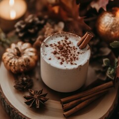 Autumn Spiced Warm Drink on Wooden Tray