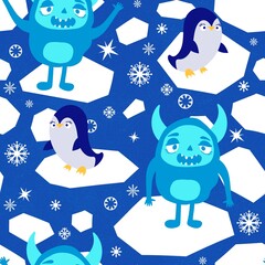 Winter monsters seamless Christmas yeti pattern for wrapping paper and fabrics