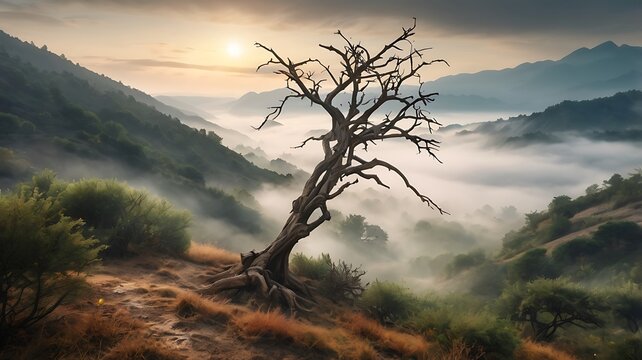 Solitary dead tree silhouette in misty mountain landscape at sunrise