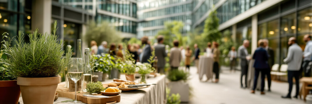 Outdoor corporate event with food and drinks on a table, featuring attendees in a modern setting with plants and architecture.