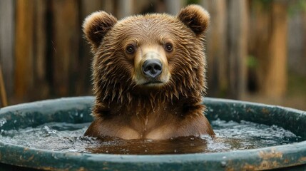 Obraz premium Brown bear bathing in outdoor water tub with wet fur and curious expression.