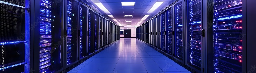 Poster a modern data center featuring rows of servers illuminated with blue lighting, representing advanced