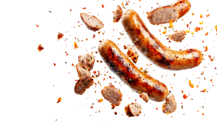 Two hot dogs are flying through the air with bits of meat and seasoning