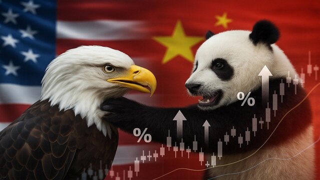 Trade war policy with China.United States tariffs,to increase the American economy..Government import tariff China.Industrial Tariffs growth.Import Trade Tariffs increase.USA Eagle vs Chinese Dragon