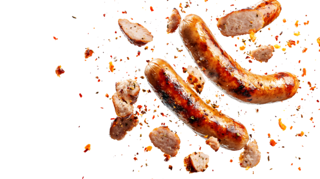 Two hot dogs are flying through the air with bits of meat and seasoning