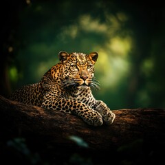 Majestic Leopard Resting on Log in Forest