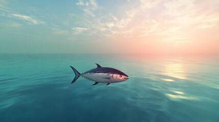 Fototapeta premium A serene underwater scene showcasing a majestic tuna fish gliding gracefully through tranquil waters, illuminated by the gentle glow of a sunset in the background.