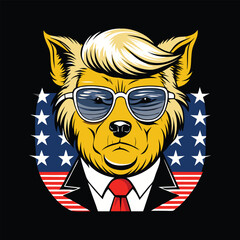 Patriotic cartoon cat with suit and sunglasses in front of American flag, humorous political animal illustration