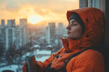 Winter Serenity A Person in Orange Jacket Enjoying Sunset with Snowfall and a Warm Drink