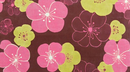 Vibrant Floral Textile Pattern Pink Green Brown Flowers Fabric Design