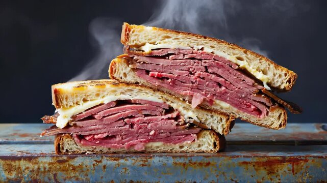 Two stacked corned beef sandwiches, loaded with sliced beef and melted cheese on grilled sourdough bread, steaming and ready to eat.