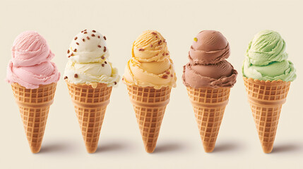 A row of five ice cream cones, each with a different flavor