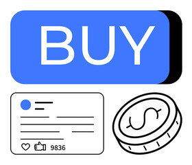Large Buy button paired with a social media engagement card and digital coin. Ideal for e-commerce, digital marketing, social media, online shopping, fintech, user engagement, simple landing page