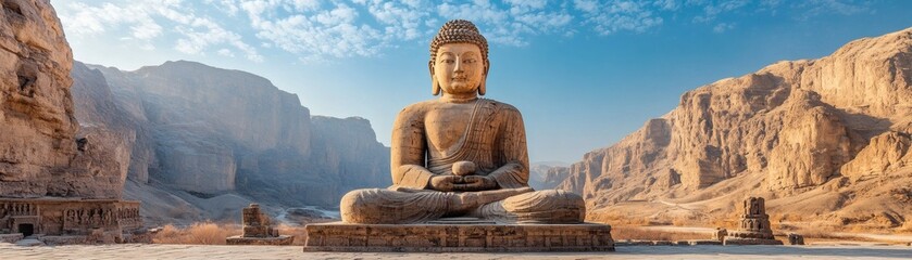 Fototapeta premium A majestic Buddha statue sits peacefully amidst a serene desert landscape, bathed in sunlight. The weathered statue radiates tranquility, inviting viewers to contemplate the vastness of existence