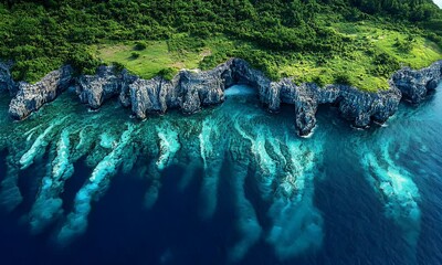 Aerial view of a lush green island cliff with turquoise ocean water and visible coral reef.