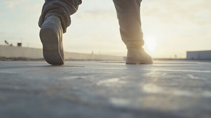 Person Walking on Concrete at Sunset