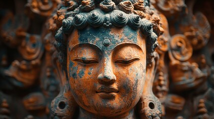 Obraz premium A serene and contemplative depiction of a Buddha statue, with closed eyes and a peaceful expression. The statue's intricate details and aged texture suggest a rich history and spiritual significance