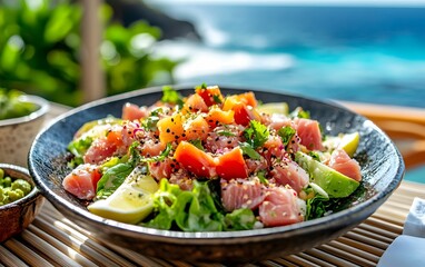A vibrant and fresh salad featuring tuna, avocado, and colorful toppings, set against a picturesque ocean backdrop, perfect for healthy eating and culinary enjoyment.