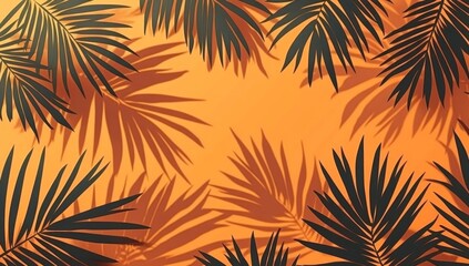 Tropical leaf shadows on orange background