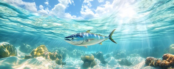 Fototapeta premium A vibrant underwater scene featuring a majestic fish swimming among colorful coral reefs, illuminated by sunlight filtering through the clear ocean water, showcasing marine beauty.