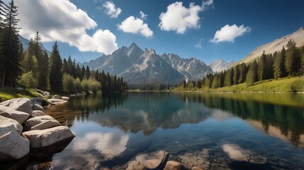 Tranquil alpine lake reflecting mountain peaks and cloudy sky scenery