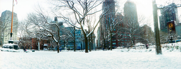 Panoramic snow covered park, Union Square, Manhattan, New York City, New York State, USA.