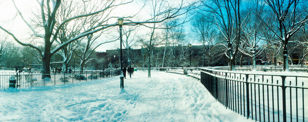 Panoramic snow covered park, Lower East Side, Manhattan, New York City, New York State, USA.
