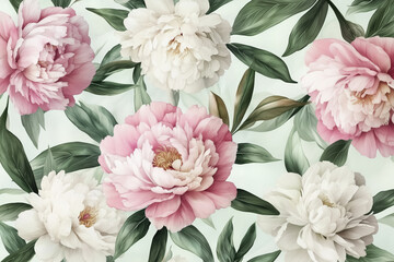 Obraz premium Pink and white peony flower, mint color leaf, wallpaper, mural art, background, interior decor
