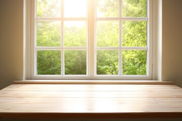 Sunny Window View Wooden Tabletop Background