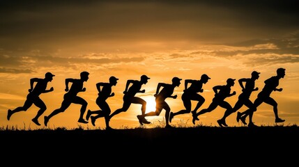 Fototapeta premium A group of runners in motion against a sunset backdrop.